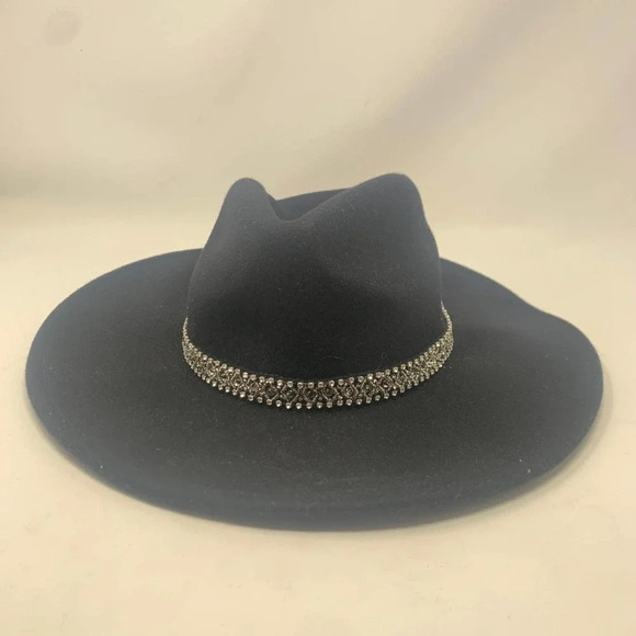 Zara Hat Wool Fedora‎ Hat with Crystals Rhinestones Wide Brim Black Size Small main image 5